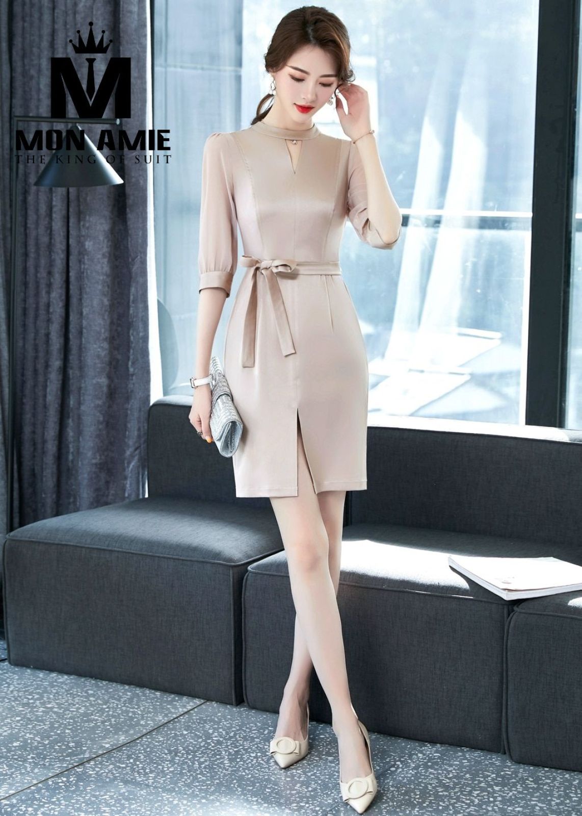 Beige Workwear Dress With Chiffon Sleeves And Bowtie Waistband 